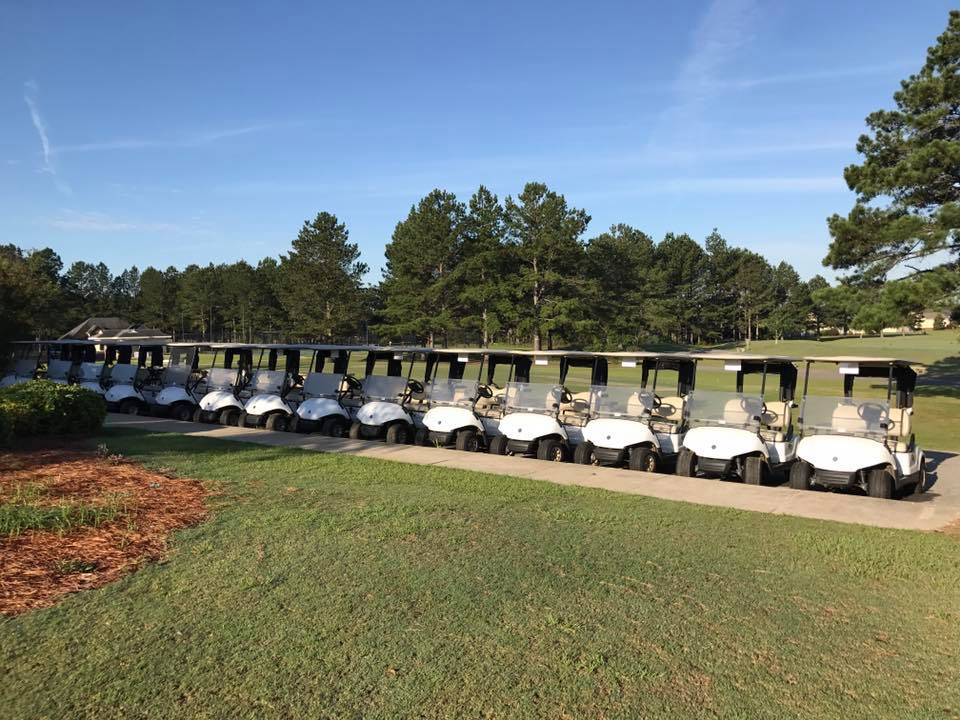 Row of golf carts on cart path